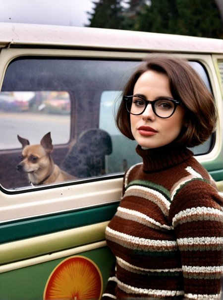 Photo of Melva Machina, girl wearing a skintight fuzzy turtleneck, she is standing next to a van, retro hippy psychedelic design on the van, Chihuahua dog in van window, smoke pouring out of van window, smoky windows,<lora:PerfectEyesXL:0.5>,(detailed beautiful face, detailed, ultra-detailed body:1.1),best quality,photo-realistic,highly detailed,absurdres,cinematic lighting,hyper-realistic,sharp focus,32k resolution,detailxl,SimplePositiveXLv2,