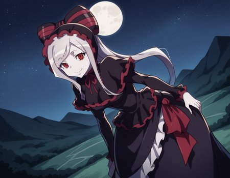 score_9, score_8_up, score_7_up, source_anime,
shalltear, <lora:shalltear-bloodfallen-s1s2-ponyxl-lora-nochekaiser:1>,
shalltear, grey hair, long hair, red eyes, silver hair,
black dress, bonnet, bow, dress, frilled dress, frills, large bow, long sleeves, vampire,
outdoors, landscape, night, moon, starry sky, smile, bent over,
looking at viewer, cowboy shot, solo, dutch angle,