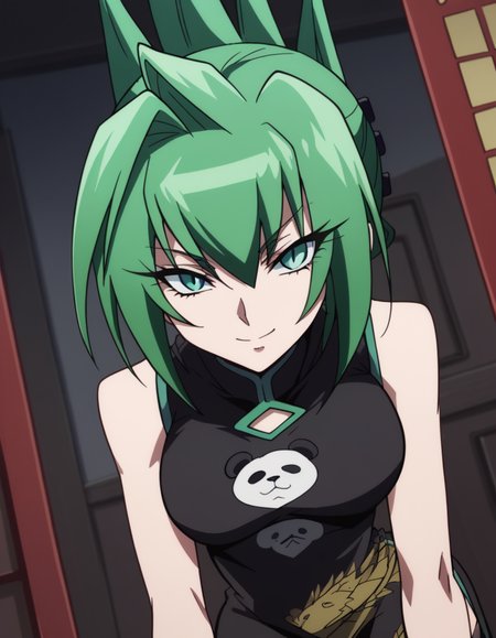 score_9, score_8_up, score_7_up, source_anime,
juntao, <lora:jun-tao-2021-s1-ponyxl-lora-nochekaiser:1>,
jun tao, green eyes, green hair, hair between eyes,
animal print, bear print, black dress, china dress, chinese clothes, dress, air, hip vent, panda print, side slit, sleeveless, sleeveless dress, thigh strap,
indoors, bent over, smile,
looking at viewer, cowboy shot, solo, dutch angle