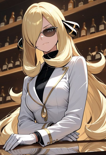 score_9, score_8_up, score_7_up, score_6_up, score_5_up, score_4_up, C007Citron, grey eyes, hair over one eye, blonde hair, hair ornament, long hair,  long sleeves, white gloves, white jacket, white pants, alternate costume, shirt, sunglasses, shaded face, serious, bar (place), arms on table, arms crossed