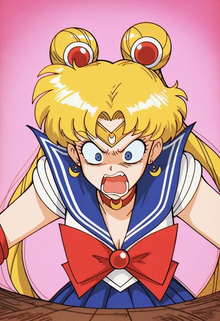 masterpiece, best quality, amazing quality, very aesthetic, noise, very awa, Astrodaimus, fisheye view, solo.
sailor moon, blonde hair, blue eyes, open mouth, aggressive, surprised, angry. 
pink background