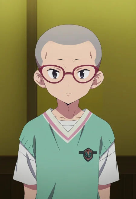 masterpiece, best quality, , anime screencap, anime coloring, official style, looking at viewer, 1boy, solo, male focus, <lora:konekomaru_miwa_ilxl:0.96>, konekomaru_miwa, grey hair, black eyes, bald, glasses, red-framed eyewear, ,