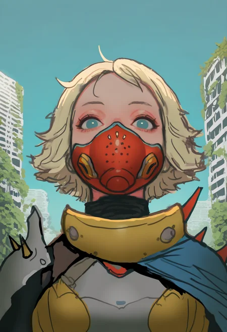 best quality, amazing quality, very aesthetic, absurdres, sketch,
1girl, blonde hair, blue eyes, short hair,
gaz mask, armor, shoulders armor, scavenger, spiked shoulders, cape,
upper body,
solo, looking at viewer, view from below,
overgrown, outdoors, ruined city, destroyed building,  <lora:KyoungHwanKimNoobLocon_byKonan:1>