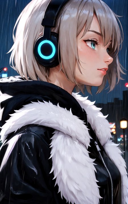 score_9, score_8_up, score_7_up, score_6_up, 1girl, solo, short hair, bangs, jacket, upper body, outdoors, sky, cloud, hood, from side, coat, fur trim, profile, night, depth of field, city lights background, backlight, wet, headphones, hood down, cloudy sky, hooded jacket, rain, fur-trimmed jacket, lamppost, fur-trimmed hood
 <lora:MomisanP:1> MomisanP