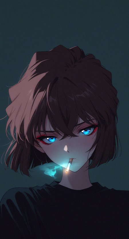 masterpiece, best quality, good quality, very awa, newest, highres, absurdres, miyano shiho \(meitantei conan\),
1girl, solo, short hair, blue eyes, brown hair, black hair, hair between eyes, crossed bangs, Red Eyeshadow,
looking at viewer, mouth hold, shirt, black shirt, cigarette, smokingï¼
simple background, dark green background, upper body, sidelighting, xxx667_illu, glowing, melanch0ly, retro anime, 1990s <lora:illustriousXL_stabilizer_v1.23:0.3> <lora:NOOB_vp1_detailer_by_volnovik_v1:0.3> <lora:ponyv6_noobE11_2_adamW-000017:0.3> <lora:XXX667:0.4> <lora:MelancholyAnime:0.8>