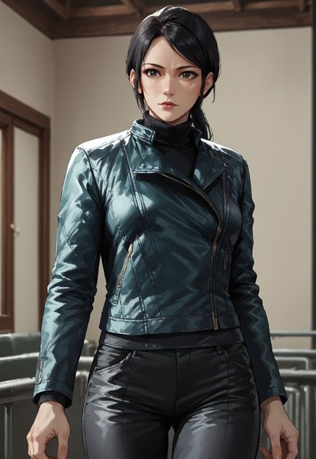 Score_9_up, source_8_up score_7_up, source_realistic, cowboy shot, BREAK 1girl, shenmei, black hair, low ponytail, black eyes, Leather jacket, turtleneck, black pants,