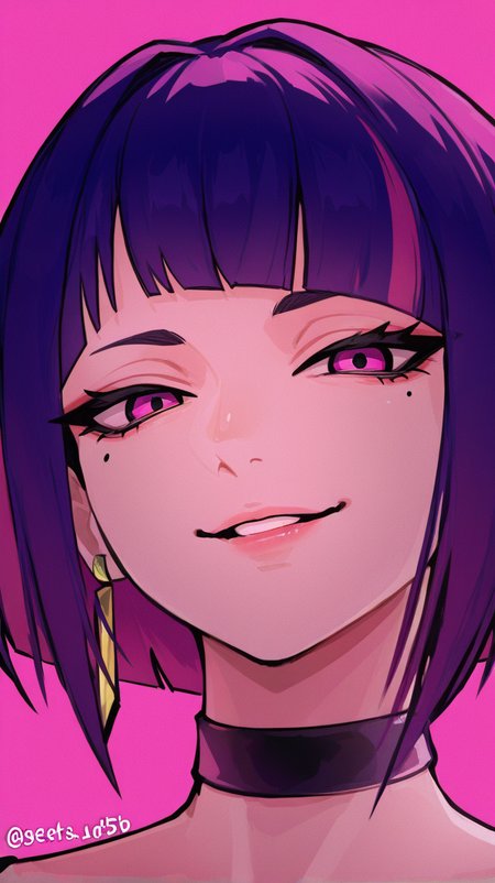 1girl, solo, looking_at_viewer, smile, short_hair, bangs, jewelry, purple_eyes, upper_body, purple_hair, multicolored_hair, earrings, parted_lips, choker, blunt_bangs, twitter_username, mole, mole_under_eye, pink_background, portrait, multicolored_eyes