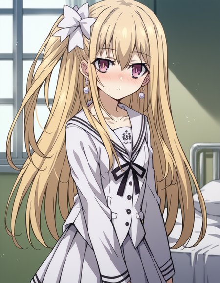 score_9, score_8_up, score_7_up, source_anime,
dalmayuri, <lora:dal-mayuri-movie-ponyxl-lora-nochekaiser:1>,
mayuri, long hair, blonde hair, hair between eyes, hair bow, one side up, bow, purple eyes,
shirt, ribbon, jewelry, school uniform, collarbone, earrings, serafuku, black ribbon, neck ribbon, skirt, white skirt, pleated skirt,
indoors, bed, bed room, on side, blush, drunk,
solo, dutch angle, looking at viewer, cowboy shot,