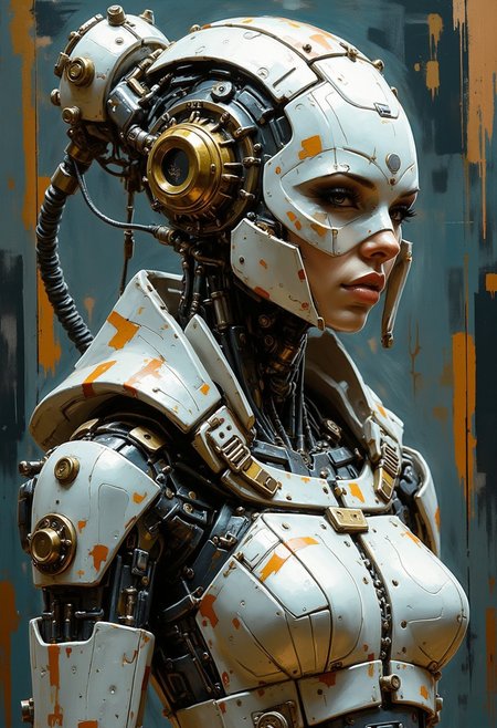 mythp0rt, closeup side profile image of steampunk robot woman, hyperdetailed helmet, brass, valves, robot joints, body made of metals, cables and wires, perfect lighting, dark abstract cyberpunk background