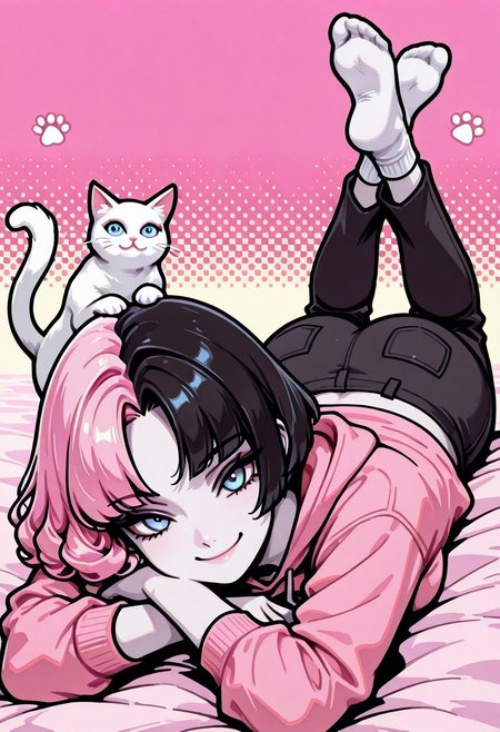 masterpiece, best quality, 32k, high resolution, absurdres, vector art, flat colors, s1n0p0p, in the style of Jedpstgl, Impressionism,  Vaporwave,Pixel Art, Sabrina, SabrinaRH, short hair, bobcut, ((Pink-black) split hair, split-color hair,) curled hair tips, parted bangs, blue eyes, medium breasts, pale skin, pink hoodie, cats paw print, pants, dual color background (pink-black) , abstracts, cowboy shot, looking at the viewer,, smiling,  cat, cat on her shoulders , laying on stomach, head resting, feet up, socks, focus on face, face closeup,