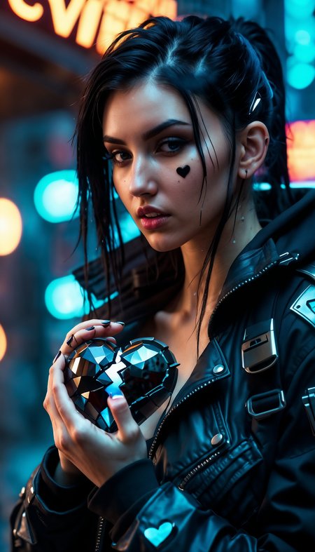Ultrarealistic. sharp focus, dynamic lighting. play of light, reflection, refraction, Raytracing, Ultra detailed. cyberpunk girl holding a ((broken black heart)). cracked heart. broken, broken in half heart. separated in two. tears. war torn cyberpunk city. cowboy shot. chest focus