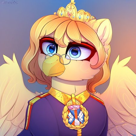 masterpiece, score_9_up, score_8_up, score_7_up, score_6_up, source_furry, (best quality:1.1), ultra-detailed, high resolution, solo, highly detailed macro illustration, solo, gloria_iv, kaiserin, griffon, griffon oc, avian, beak, feral, female, blonde hair, medium hair, (beautiful detailed blue eyes), feathers, fluffy ears, wings, small round glasses, cute expression, crown, military royal clothes, medal, upper body, simple background BREAK Highly Visible, sharp focus, perfect lighting, anatomically correct, extremely detailed, high detail, expressiveh