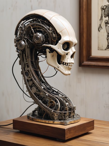 a fine art sculpture photo of a distorted malfunction silver metallic skinny robot arm tangled with a wooden frame with detail casting on it, some electronic cables are leaking from the vase, textured and rough surface, high details, on a grunge grid wooden table in dim museum, in the style of biomorphic sculpture and Solarpunk art, beige and white, fine attention to anatomy, close up, mushroomcore, animal bone, lovely brushstrokes, Vintage, Surrealism, half light half shadow, low contrast, fujifilm
<lora:detailed_notrigger:0.6>  <lora:SDXLFaeTastic2400:0.6> (Exquisite Detail, Award Winning, Stunning)