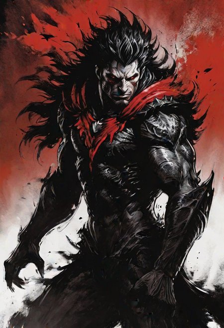 Monster, simple design, humanoid monster, fur skin, fluffy skin, muscular,  athletic, black eyes, [black : red: black : red hair : 4], big hair, long hair, pronounce facial features,  baggy clothe, white poncho:1.2,  (looking at viewer, standing),  masterpiece, ultra high resolution, ultra-detailed, 4K, intricate detail,  hyper-detailed, highlight and shadow, volumetric lighting,  style of ivanov vano, highly detailed background: 1.2, red white black colors, epic black and red background with falling red leafs,  (Kentaro Miura Style)