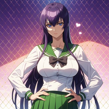 score_9, score_8_up, score_7_up, 1girl, looking at viewer, sunlight, abstract background, argyle background, rainbow, heart, upper body, close-up, portrait, 
<lora:Saeko_Busujima_Dwnsty_r1:0.8>, saeko_busujima, purple hair,  blue eyes, long hair, hair between eyes, school uniform, serafuku, green skirt, long skirt, pleated skirt, black bowtie,
lips, expressionless, large breasts, skindentation,  mature female, hands on own hips,