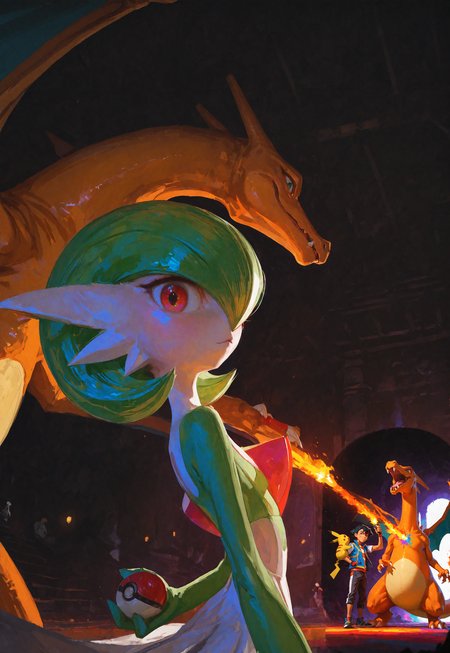 HDR, 8K, high contrast, masterpiece, best quality, amazing quality, very aesthetic, realistic, newest, volumetric lighting,
(artist:incase:0.5), (artist:tsuaii:0.5), (flat colors:1.1), 1man, Ash Ketchum, Pokemon, Pikachu, Charizard, Gardevoir, colorful, looking at the viewer,
<lora:_xLOOK_DetailedEyes_V3:1> <lora:USNR STYLE_XL_lokr:0.45>
<lora:ponyv4_noob1_2_adamW-000017:0.9> <lora:GENESIS_MK0.4:0.5>