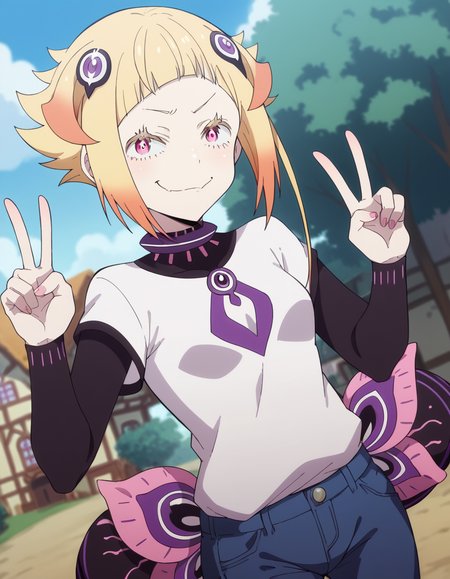score_9, score_8_up, score_7_up, source_anime, <lora:capella-emerada-lugunica-s3-p1-ponyxl-lora-nochekaiser:1>, capella emerada lugunica, short hair, blonde hair, hair ornament, pink eyes, multicolored hair, gradient hair,, shirt, t-shirt, white shirt, pants, denim pants,, village, houses, community, rural, farms, , v, v over mouth, smug,, looking at viewer, solo,, dutch angle, cowboy shot