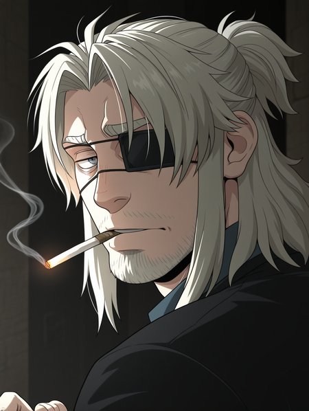 masterpiece, best quality, amazing quality, Worick Arcangelo, grey eyes, eyepatch, beard, acial hair, Blonde hair, 1 boy, male focus, bara, solo, smoking, Gray-blue eyes