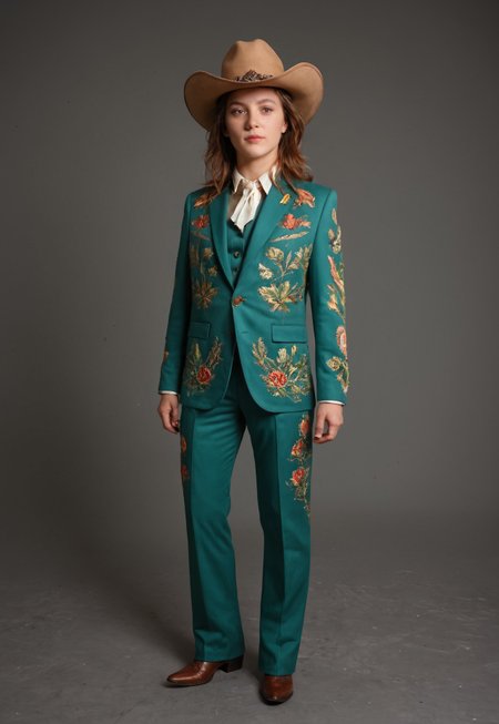 score_9, score_8_up, score_7_up, score_6_up, Stable_Yogis_PDXL_Positives,  realism, 1girl, green nudie suit, rhinestones, bejeweled, western wear, cowboy hat, full body, modelling, 

