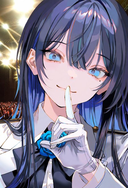 (masterpiece, high quality, amazing detail), highres, very awa, by takepon1123
chando \(ado\), ado \(utaite\), blue eyes, hair between eyes, mole under eye, long hair, blue hair, black hair, colored inner hair, two-tone hair, sidelocks, white shirt, collared shirt, white gloves, long sleeves, black bowtie, utaite, flower brooch, close mouth, smile, shush
BREAK
full body, concert stage, (photo background1:!)
 <lora:add-detail-xl:0.6> <lora:spo_sdxl_10ep_4k-data_lora_webui:0.8> <lora:ponyv4_noob1_2_adamW:0.4>