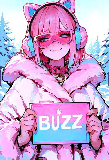 <lora:Lora\ponyv4_noob1_2_adamW-000017:0.7> <lora:Lora\GBF_Illustrious:0.6> <lora:Lora\748cmSDXL:1>masterpiece, best quality, Good quality, very aesthetic, absurdres, newest, Perfect details, 1 girl, Holding a sign, (the sign says ("Need Buzz"), blue eyes,  fur headphones, fur coat, collar, embarrassed smile, eyelashes, pink and blue shades, winter,