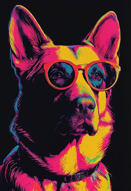 impactful color paint of, a german shepherd dog wearing dark sunglasses, highly detailed, vibrant colors , 8k, sharp, professional, clear, high contrast, high saturated, , vivid deep blacks, crystal clear