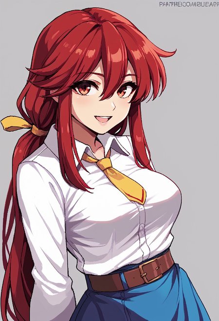score_9, score_7_up, source_anime, source_cartoon, source_explicit, BREAK, colorful, aesthetic, illustration, (cutesexyrobutts:0.3), kotohime (touhou), long hair, red hair, red eyebrows, hair between eyes, bangs, sidelocks, low-tied long hair, tied hair, low ponytail, hair ribbon, yellow ribbon, red eyes, breasts, white shirt, collared shirt, long sleeves, yellow necktie, blue vest, brown belt, blue skirt, hands behind back, open mouth, smile, teeth, simple background, looking at viewer, facing viewer, standing in front of viewer, standing