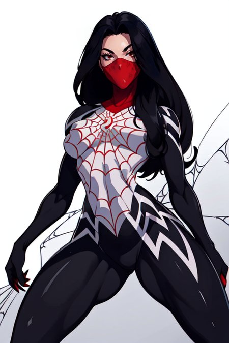 masterpiece,best quality,extreme detail,8k,white background,<lora:silk:0.8> CindyMoon, 1girl, solo, long hair, breasts, looking at viewer, black hair, medium breasts, bodysuit, mask, skin tight, mouth mask, animification, superhero, silk, spider web, spider web print