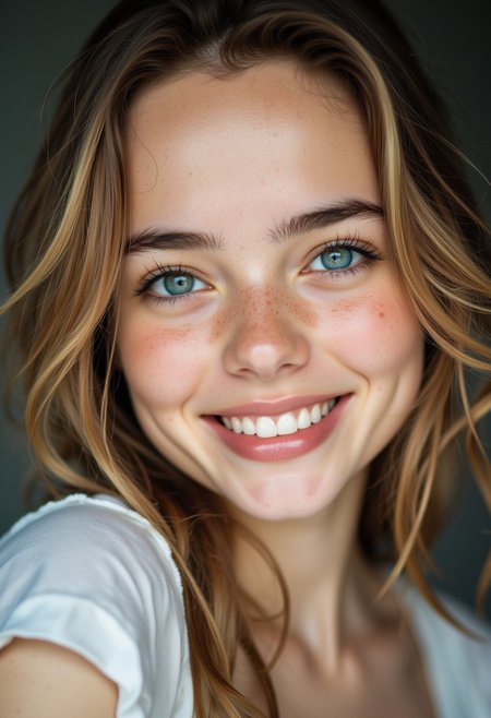 An incredibly detailed perfection style photoshoot of a stunningly beautiful 18 year old Swiss girl with flawless model-like facial features, flawless light pale skin, brownish blonde hair, blue eyes, youthful innocent charm, minimal makeup, and large captivating eyes that exude a sense of strength and innocence. She is ecstatic and has a huge maniacal smile. Her eyes are unnaturally large and colorful.  Her eyes are absurdly large, detailed, and colorful. Her skin is facial skin is perfectly smooth and featureless.