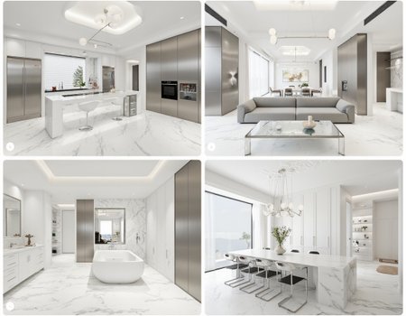 This set of four images captures a sleek and modern home design featuring stainless steel and white marble surfaces; [IMAGE1] displays a spacious kitchen with shiny white marble countertops, stainless steel appliances, and minimalist pendant lighting, with a large island at the center; [IMAGE2] features a living room with a glass coffee table on a white marble floor, a modular gray sofa, and a polished steel accent wall; [IMAGE3] showcases a pristine bathroom with a floating vanity, a backlit mirror, and a freestanding tub set against a white marble backdrop; [IMAGE4] highlights a dining room with a large white marble table, modern steel chairs, and a statement chandelier hanging above, creating an elegant and cohesive aesthetic.
