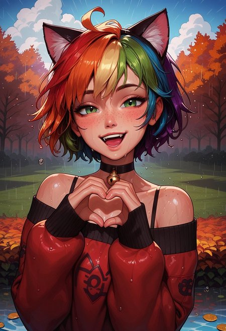 score_9, score_8_up, score_7_up, score_6_up, 
1girl, 25 years old, perfect face, looking at viewer, adult, sexy,
freckles, green eyes, 
short hair, rainbow hair, cat ears, wet hair,
bell, cute choker, 
rainbow sweater, off-shoulder sweater, wet clothes,
standing, excited, laughing, happy, half-closed eyes,
scenery, autumn, 
dark clouds, rain, water drop, small beam of sunlight, rainbow, 
heart hands,