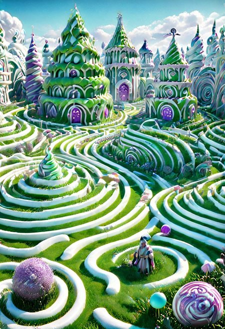 (Labyrinth),castle , A traveler contemplates a gigantic labyrinth made up of dozens of white, grass, medical towers. Candy labyrinth , evil villain