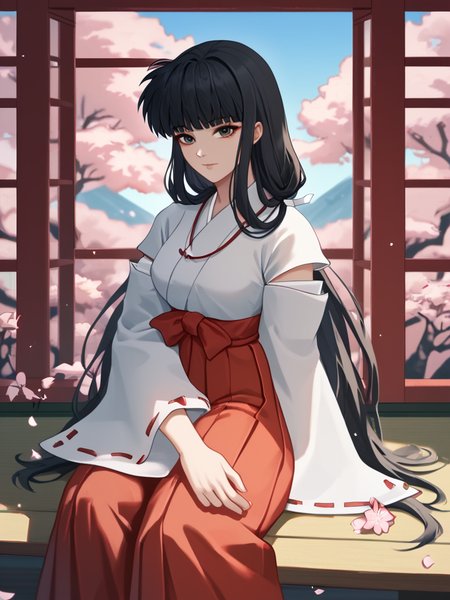score_9,score_8_up,score_7_up,   <lora:kikyou_(inuyasha):1>ï¼red_hakama, 1girl, looking_at_viewer, miko, lips, tabi, waraji, outdoors, absurdres, mountainous_horizon, sitting, highres, commentary, solo, falling_petals, blurry_background, kikyou_\(inuyasha\), necklace, hakama_skirt, signature