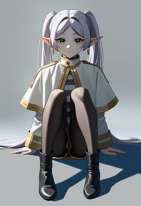 score_9,score_8_up,score_7_up,<lora:sousou_no_frieren_all-000020:1>,1girl,absurdres,backlighting,black_pantyhose,boots,dangle_earrings,elf,expressionless,floating_hair,frieren,full_body,green_eyes,highres,knees_together_feet_apart,knees_up,long_hair,looking_at_viewer,pale_skin,parted_bangs,shadow,sitting,solo,twintails,white_background,white_capelet,white_hair,white_skin,