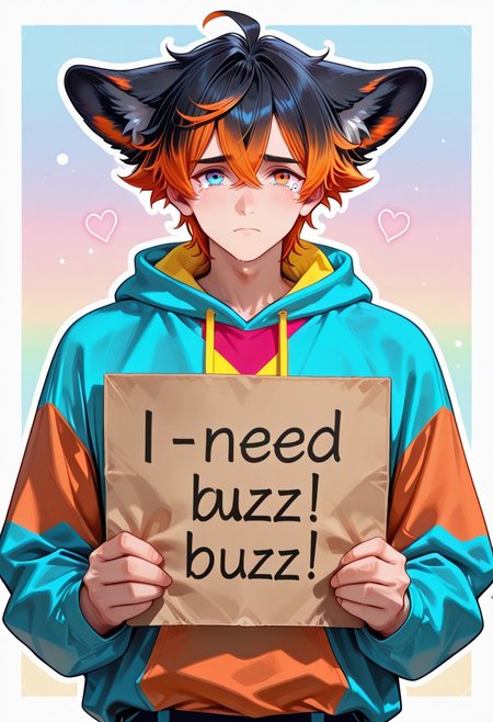 score 9, score 8, score 7, masterpiece, best quality, gorgeous details, best aesthetics, perfect anatomy, perfect proportions, high resolution, anime illustration of a man, white border, white outline, 1 boy, male forum, solo, sad, serious, tears, colored hair, random hair color, random eye color, orange hair, black hair, multicolored hair, blue eyes, a mole under one eye, orange eyes, pastel colors, rainbow background, a multicolored hoodie with an iridescent gradient, fluffy ears, In his hands he holds a cardboard sign with the inscription "need_buzz" and heart , on which it says