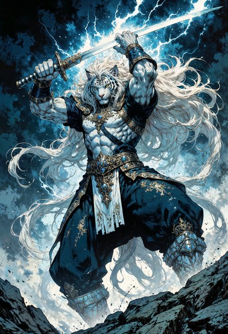 a dynamic and dramatic digital artwork featuring a stylized anthropomorphic white tiger with striking yellow eyes. The tiger is depicted in a powerful stance, wielding a katana with one hand raised above its head. Its fur is detailed with black stripes, and its mane flows wildly, blending with the stormy background. The scene is set amidst swirling dark clouds and flashes of lightning, enhancing the sense of movement and energy. The composition is vertical, with the tiger positioned centrally, creating a sense of depth and intensity. The color palette is dominated by shades of blue, gray, and white, with bright highlights from the lightning. The overall style is reminiscent of fantasy or manga art, with a focus on dynamic action and dramatic lighting.