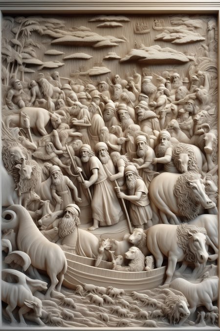 <lora:BAS-RELIEF:1>BAS-RELIEF - Gypsum Engraving, Moses, Noah's Ark, Rich in Detail and Intricate Composition