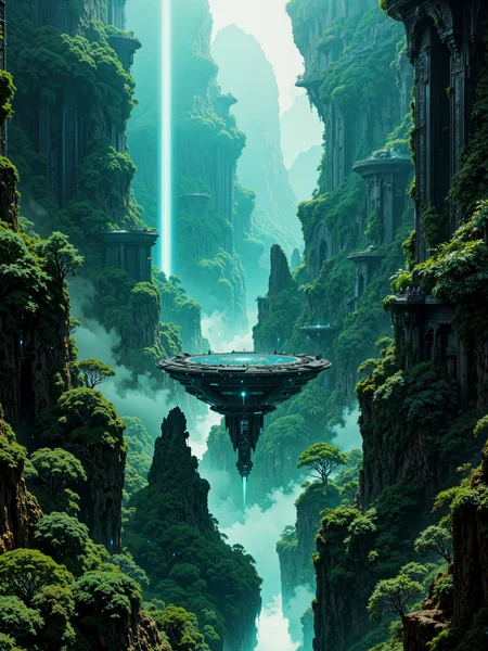 cinematic still in a photographic style with ultra-high aesthetic quality, ultra-detailed, hyper-realistic, photorealistic, uhd, 8k, 4k, science fiction, cinematic landscape with ancient and surreal elements, a vast, overgrown jungle basin on a distant planet, shrouded in mist and shadow, ringed by towering cliffs blanketed in dense alien vegetation, vines drape like curtains from stone overhangs, and twisted trees with glowing leaves crowd the edges of the basin, the atmosphere thick with moisture and mystery. in the center of the basin, the laws of gravity fracture and twist - water streams flow upward in spiraling arcs toward a levitating, bowl-shaped lake that hovers impossibly in midair, reflecting the heavy, storm-laden sky above, gravitational anomalies scatter droplets and streams across the air like strands of crystal thread suspended in space. embedded deep into the jungle walls and floor of the basin lie ancient alien ruins - massive obsidian structures half-buried in the earth, etched with luminescent glyphs and intricate, angular architecture, their monumental size and perfect geometric alignment hinting at impossible precision and forgotten purpose, some float weightlessly, tilted and partially disassembled by the strange gravitational forces. a sleek, advanced research vessel floats at the rim of the basin, stabilized by anti-gravity thrusters, its lights cast long beams over the ruins and the levitating lake, scanning the glyph-covered surfaces for signs of function or history, smaller drones hover and flicker between the mist and the ruined structures, capturing every angle of this archaeological mystery. a high, sweeping birdâs-eye view angled down across the basin, showing the floating lake at its center, the buried and levitating ruins spread out in impossible patterns, and the solitary ship perched on the edge like an intruder in a cathedral of gravity and time. rembrandt style lighting carves soft light and shadow through thick jungle fog, accentuating the glowing glyphs on the ruins and the storm breaking through the clouds above, shafts of crepuscular light pierce the mists, casting surreal reflections across the floating waters and ruins. captured in ultra-high resolution with cinematic lensing and dreamlike diffusion, the color palette is a moody blend of emerald green, obsidian black, glowing violet, and luminous blue, with subtle film grain and dynamic contrast emphasizing the enigmatic and ancient feel of the composition, ovg, artilands02, <lora:style-fantastic_landscapes-v2-flux-by_artifyai:0.92> <lora:epic_gorgeous_details-balance-flux-by_flyway:0.28>