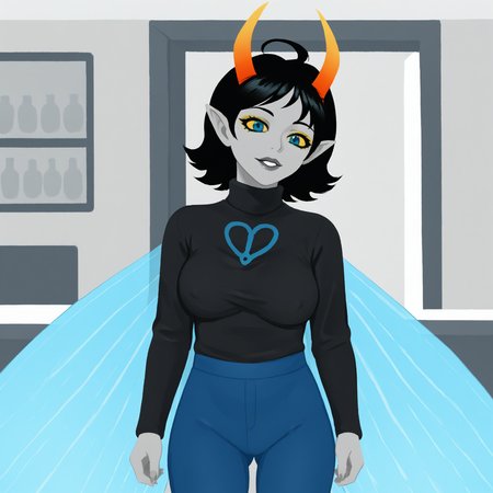 score_9, score_8_up, score_7_up, HD, best quality, masterpiece, solo, 1girl, Muscah, black hair, horns, antennae horns, pointy ears, makeup, coloured skin, grey skin, coloured sclera, yellow sclera, blue eyes, insect wings, large breast, black sweater, black turtleneck symbol on sweater, fly \(symbol\), blue pants, tight pants, indoors, bar