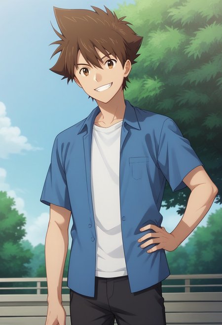 score_9, score_8_up, score_7_up, source_anime, highly detailed, 
taikizu, 1boy, brown hair, male focus, solo, brown eyes, upper body, shirt, pants, smile, grin, hand on hip,
open clothes, white shirt, black pants, standing, short sleeves, looking at viewer,
blue shirt, spiked hair, hair between eyes, bangs,
outdoor, sky, tree