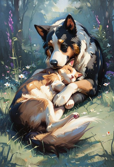 ArsMJStyle, Impressionism, oil painting, brushstrokes, fluid brushstrokes, masterpiece, high_quality, best_quality, 1dog1kitten, scene of a kitten sleeping next to a dog, 1dog, collie, lying on ground, tuft of grass, wild flowers, furrowed brow, flustered, 1kitten, fluffy kitten, asleep, cuddling next to dog, dappled light, dim light, shade, dynamic angle