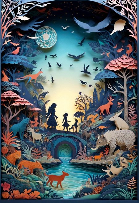 3D papercut shadow box of a parallel universe where animals have evolved to use technology, Patchwork Style, layered, dimensional, depth, silhouette, shadow, handmade, by various contemporary artists. 
concept-art, fantasy, epic, majestic, magical, dreamy, perspective, light and shadow, moody, epic, 
beautiful, painterly, aesthetic, textural, vivid, vibrant, intricate details, highly detailed, ultra-detailed, absurdres, 
aid291, ptchkrawk , paper-cut