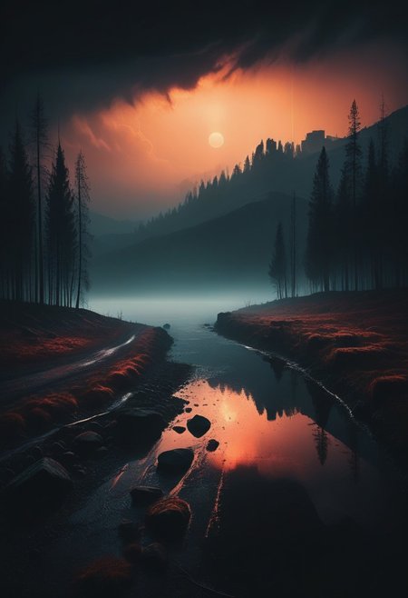 Hellish Magic, dark and moody landscape, in Alena Aenami ,in the style of  monochromatic silhouette reflection,  limited dark palette, unusual dark colors, faded colors, atmospheric haze, highly dramatic cinematic lighting, motion blur, film grain,  professional, excellent composition, finest details, maximized details, ultimate detail level, masterpiece, best quality