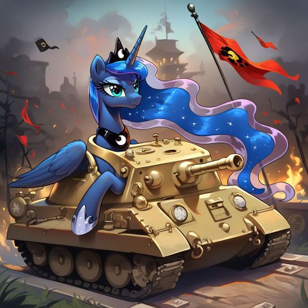 masterpiece, score_9, score_8_up, score_7_up, (best quality:1.1), ultra-detailed, high resolution, 1character, ((((Princess Luna)))), pony, alicorn,  night, dark, (black panther tank, tank commander, ground vehicle, military vehicle, caterpillar tracks), ((Beautiful details of the tank)), (((beautiful detailed eyes))), Long eyelashes, Looking At Viewer, Highly Visible, (((8k))), MLP, G4, Lunar empire flag, from Equestria at War, female, sharp focus, perfect lighting, beautiful eyes, detailed outfit, long eyelashes, anatomically correct, extremely detailed, (in the wpjen trenches), shine on body, high detail, cute face, Expressiveh, detailed background, OverallDetail, zPDXL2