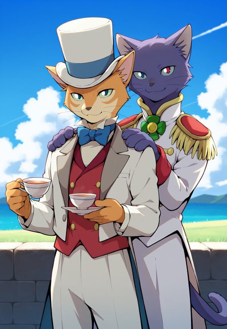 masterpiece, best quality, amazing quality, 2boys, male focus, furry male, barlune, prince_lune, purple fur, military uniform, standing behind, hands on another's shoulder, the_baron, orange fur, white suit, red vest, blue bowtie, top hat, drinking tea, outdoors, blue sky, cloud, looking at viewer, smile