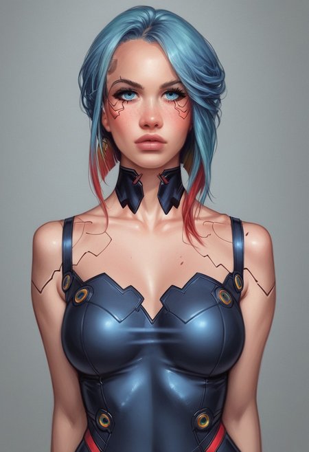 from front, (((front view))), 1girl, illustration, comic style, looking at viewer, highly detailed, source_comic_illustration, from front, 1girl, illustration, comic style, looking at viewer, highly detailed, source_comic_illustrationskinny, looking at viewer, 1girl, masterpiece, best quality, cowboy shot, girl, realistic drawing, anime, by Sam Yang, sharp highly detailed 2d illustration, comic art, (hyperrealism, soft light, sharp), (anime:0.5), 
BREAK
((highres)),bokeh,<lora:add_detail:1>, cinematic, (master piece), (best quality), (ultra-detailed), very aesthetic, illustration, perfect composition, intricate details,  (best quality, hires textures, high detail:1.2), cyberpunk edgerunners, RAW photo, 8k uhd, film grain, cosplay, white wig, night, neon lights, Destroyed mega cities, long bob hairstyle, wearing a latex transparent suit, covered in blood . Heroine has a mesmerizing shy young face with Freckles, light blue eyes, almond-shaped eyes, Gray/Silver long layered Hair style, fair skin, hourglass body, a sloppy and disheveled appearance,  pouting and blushing in embarrassment.
((full-clothed)),
BREAK 
((cyberpunk background:1.4)), score_9, score_8_up, score_7_up, score_6_up, source_cartoon, rating_explicit, Expressiveh, (((((upper body))))), dynamic pose