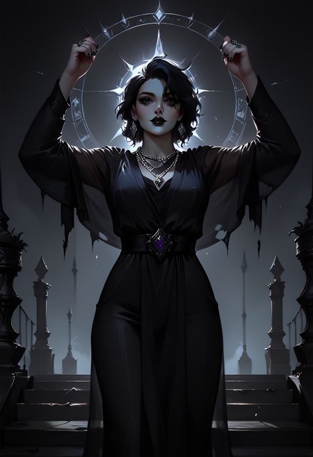 score_9, score_8_up, highly detailed, score_7_up, easynegative, concept art, realistic, dark theme, perfect quality, highly detailed, low light, face focus, anatomically perfect, handfixer
full body shot, gothic fantasy style, wide gothic grey marble staircase, outdoor scene,
1girl, 30 years old woman, tall regal figure, slender body, angelic beauty, pale skin, barefoot, slightly torn elegant long black robes, holes in robe, dark black messy hair, waist length hair, sharp nose, diamond nose stud, dark eyes, almond shaped eyes, black nail polish, standing at top of the staircase, black lipstick, soft smile, silver ring with ruby stone, silver diamond earrings, silver necklace with ruby medallion, looking up, raising arms above hand, holding a large glowing purple rune with both hands above head, Glowing Runes, Glowing Rune Circle