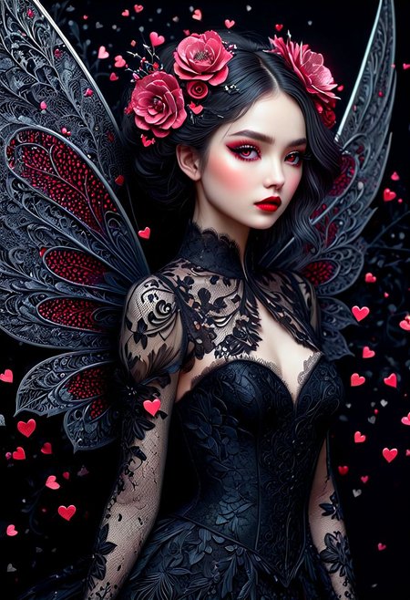 beautiful hyper detailed whimsical 35 k ultra realistic hyper detailed beautiful dark fairy, hyper detailed perfecteyes, shadow woman red lips graphic, dark intricate wings on back, black lace dress, black boots, in the style of Charlie Bowater, nicoletta ceccoli , dark  Whimsical, Detailed Fantasy, black lace Background pattern with tiny  3d red and pink hearts, Glitter, White Thorns, Muted Colors, Explosion, Intricate Extremely Detailed, Hyperdetailed, style of monica lee, Hgonzag, Camilla d'Errico Diego Gisbert,Winter wonder land art art, Masterpiece, trending on artstation, featured on pixiv, cinematic composition, 8K