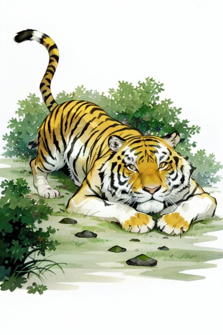 1man,tiger,hill,tree,ultra high res, detailed shadow, best quality,(front lighting), <lora:shuicai_v1:0.7>