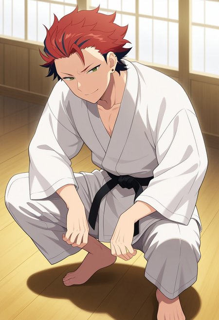masterpiece,best quality,amazing quality, source_anime, 
kuroooky, 1boy, male focus, solo, green eyes, red hair, multicolored hair, jewelry, earrings, ear piercing, dougi, black belt, barefoot, squatting, smile, dojo,